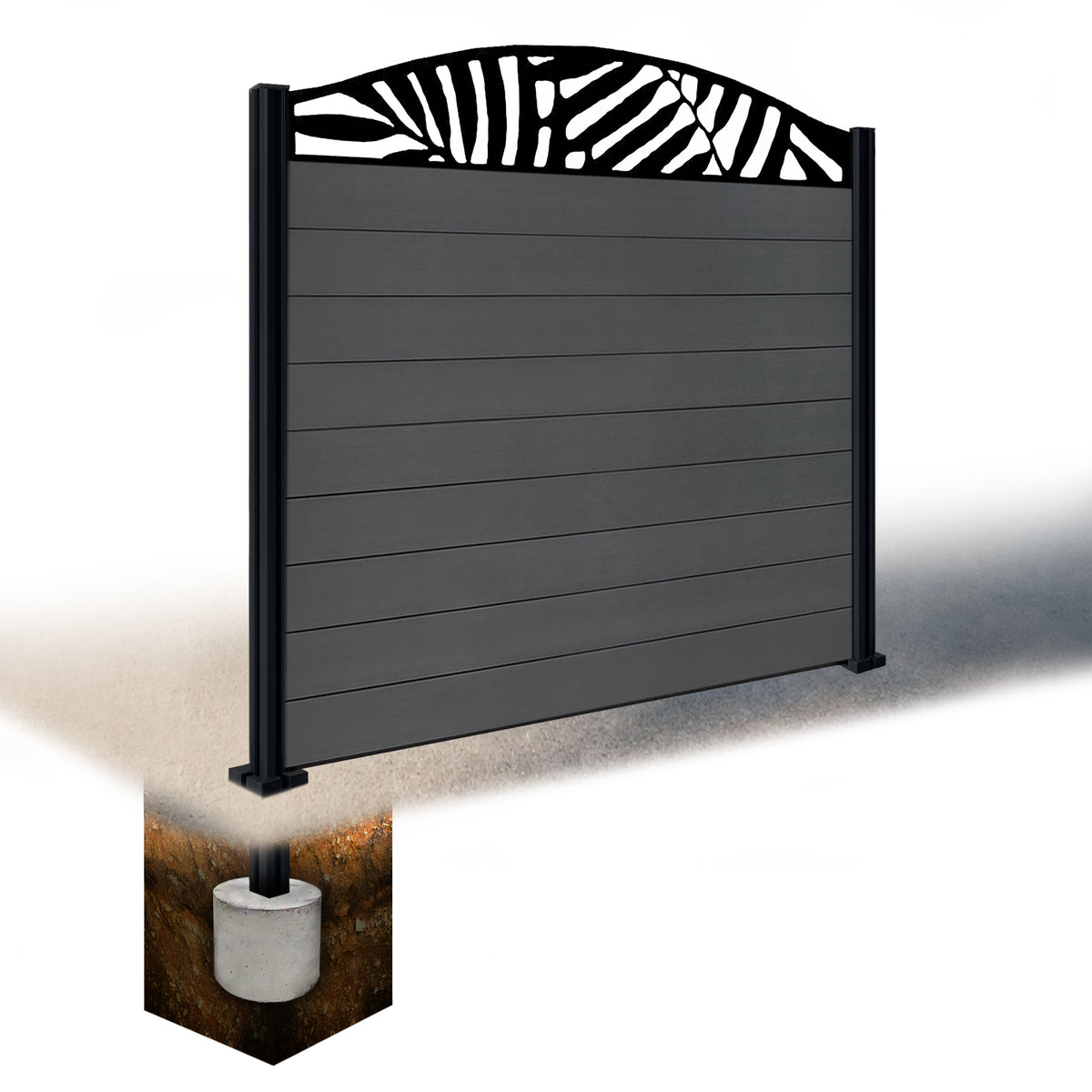 EasyComposite 5ft Composite Fence Panel & Aluminium Post Sunken in Ground - Dark Grey RAL7016 Boards & Leafy Curved Topper Trellis