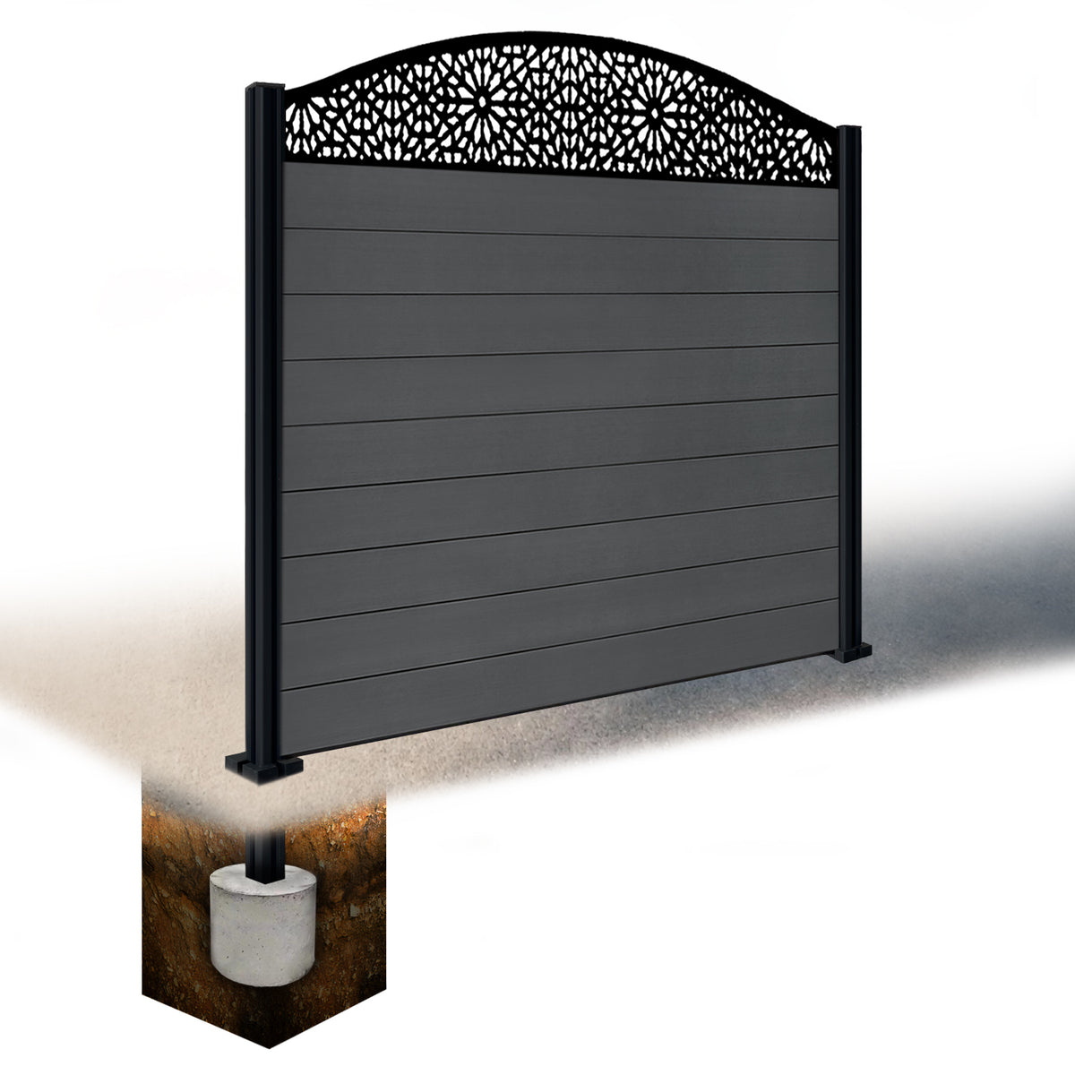 EasyComposite 5ft Composite Fence Panel & Aluminium Post Sunken in Ground - Dark Grey Boards & Morocco Curved Topper Trellis