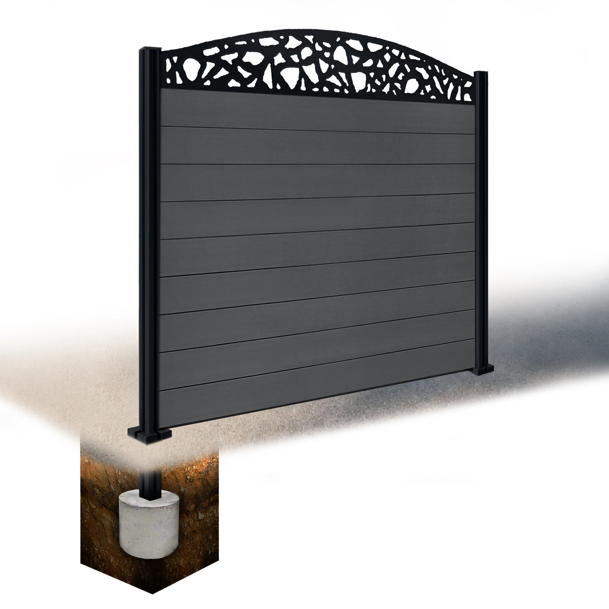 EasyComposite 5ft Composite Fence Panel & Aluminium Post Sunken in Ground - Dark Grey Boards & Pebble Curved Topper Trellis
