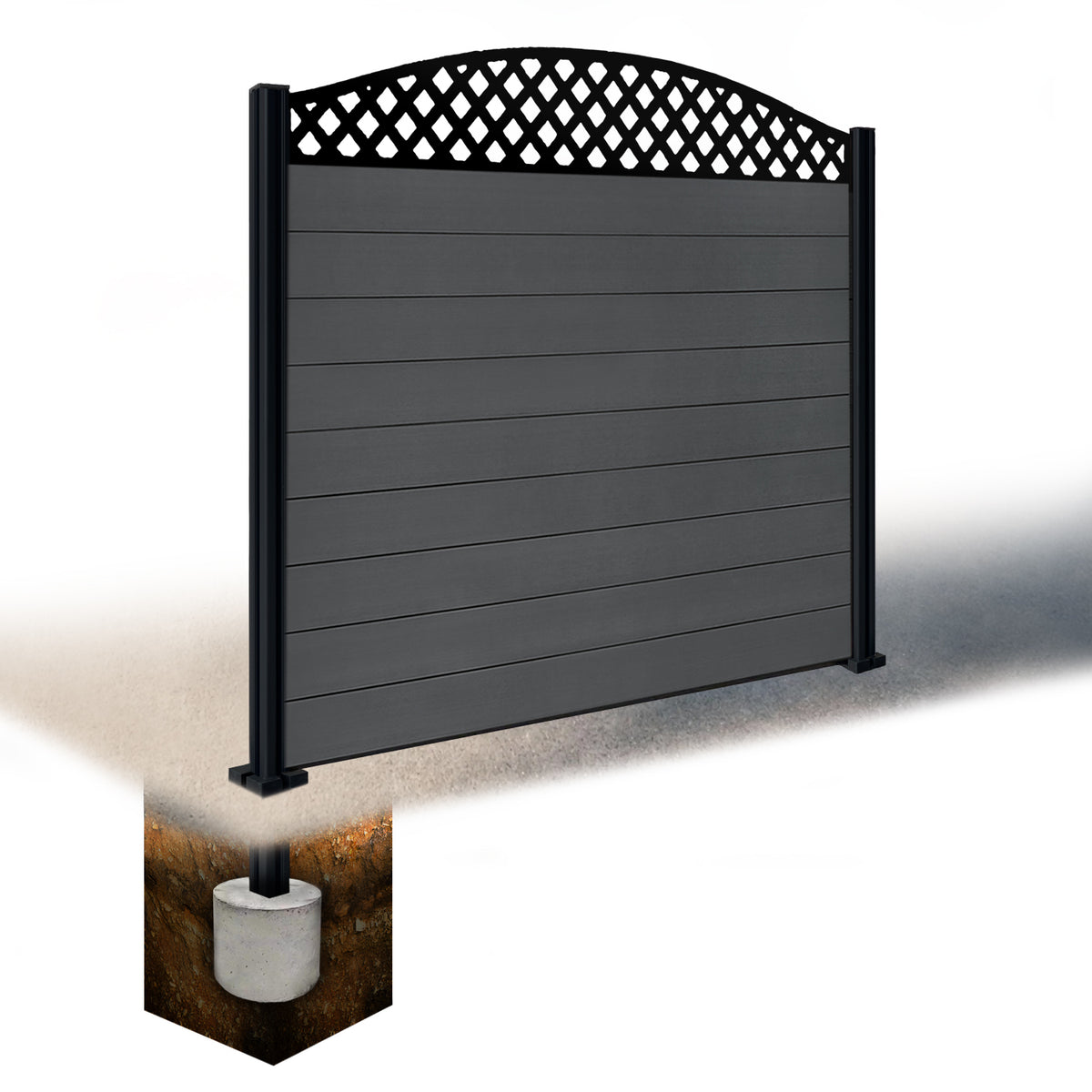 EasyComposite 5ft Composite Fence Panel & Aluminium Post Sunken in Ground - Dark Grey RAL7016 Boards & Wave curved Topper Trellis