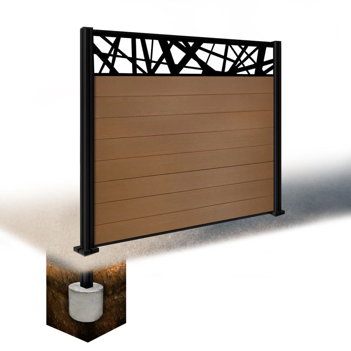EasyComposite 5ft Composite Fence Panel & Aluminium Post Sunken in Ground - Golden Teak Boards & Laser Topper Trellis
