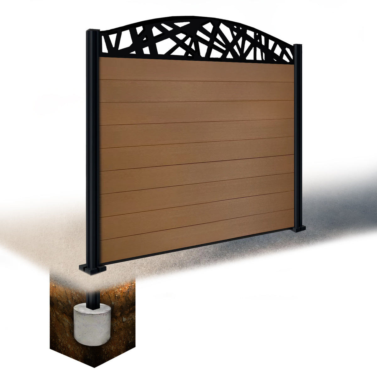 EasyComposite 5ft Composite Fence Panel & Aluminium Post Sunken in Ground - Golden Teak Boards & Laser Curved Topper Trellis