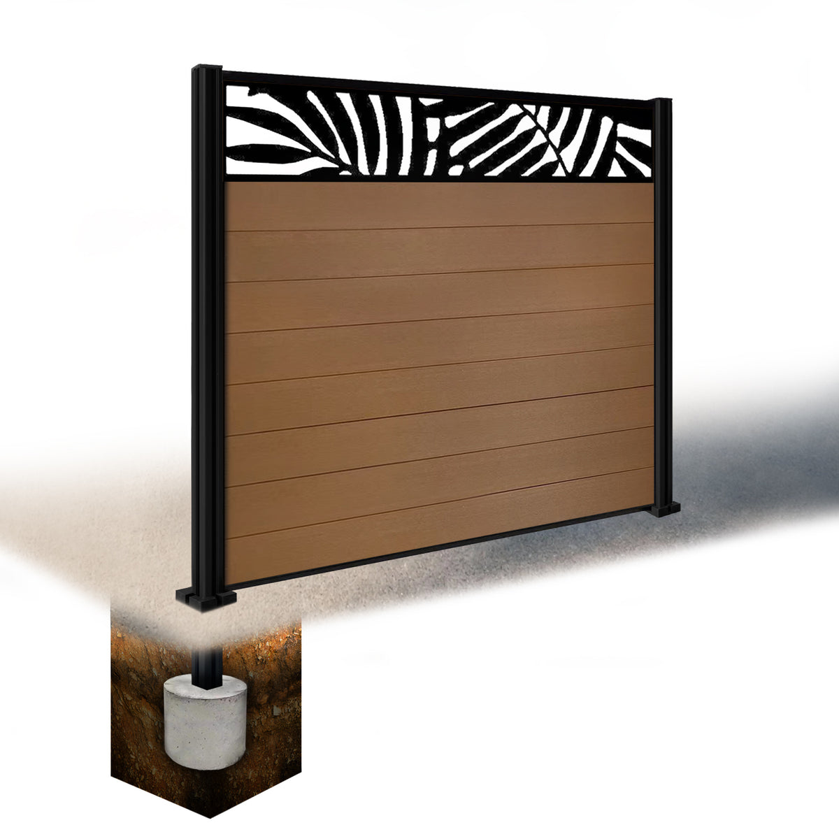 EasyComposite 5ft Composite Fence Panel & Aluminium Post Sunken in Ground - Golden Teak Boards & Leafy Topper Trellis