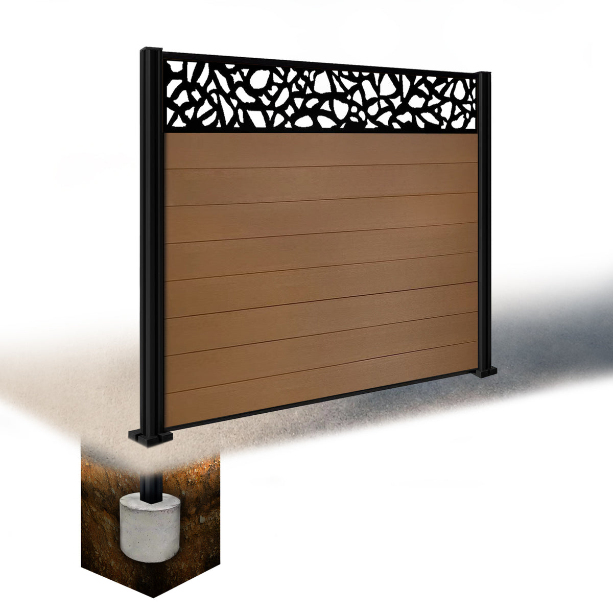 EasyComposite 5ft Composite Fence Panel & Aluminium Post Sunken in Ground - Golden Teak Boards & Pebble Topper Trellis