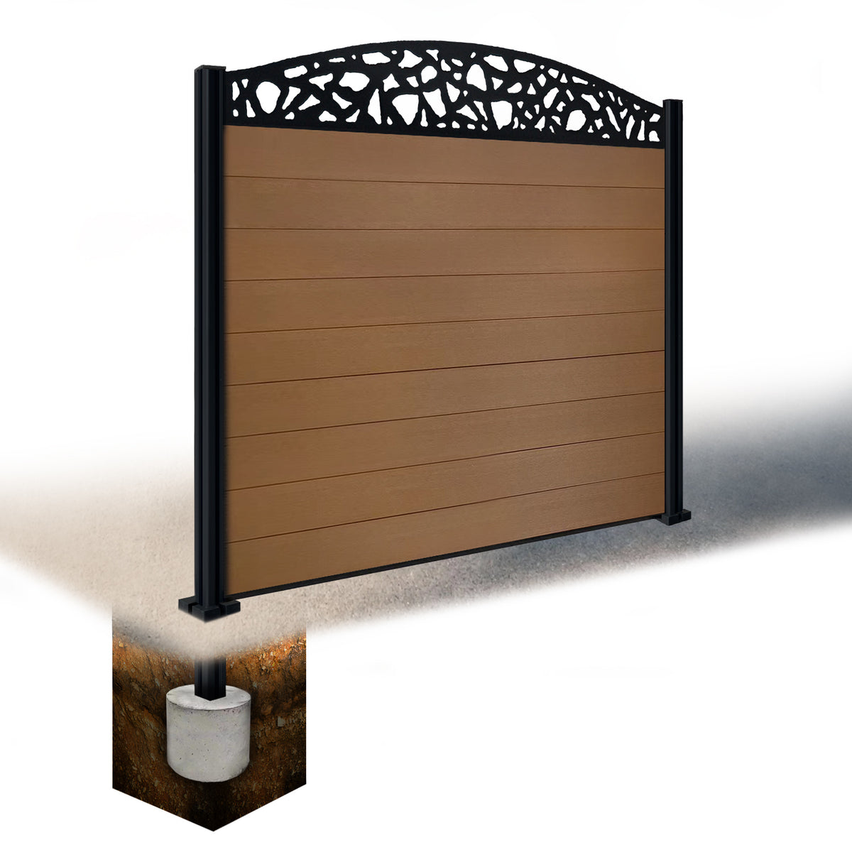 EasyComposite 5ft Composite Fence Panel & Aluminium Post Sunken in Ground - Golden Teak Boards & Pebble Curved Topper Trellis