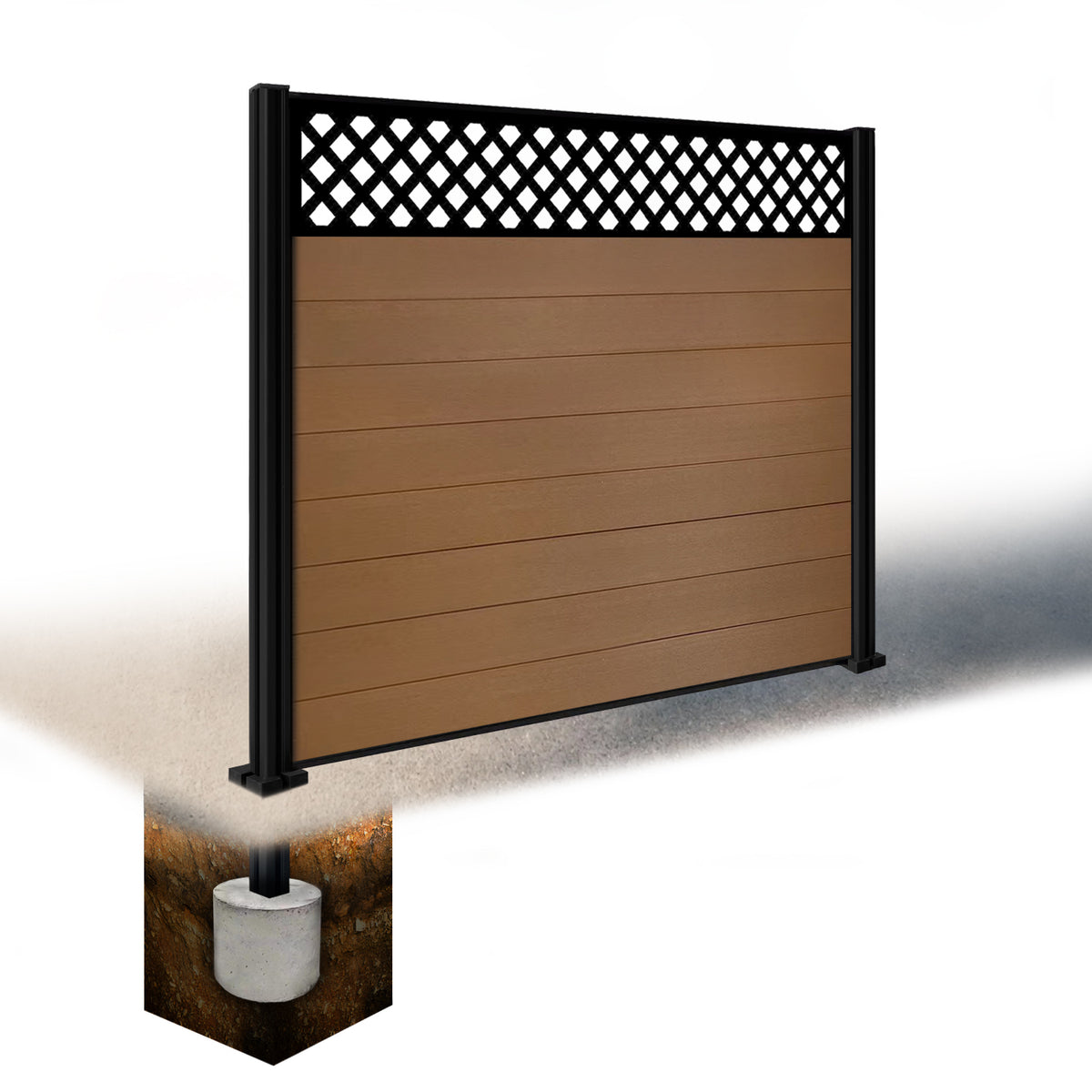 EasyComposite 5ft Composite Fence Panel & Aluminium Post Sunken in Ground - Golden Teak Boards & Wave Topper Trellis