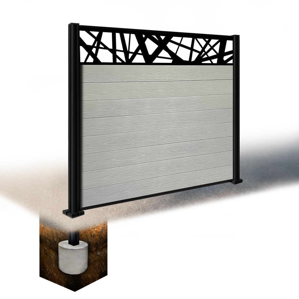 EasyComposite 5ft Composite Fence Panel & Aluminium Post Sunken in Ground - Light Grey Boards & Laser Topper Trellis