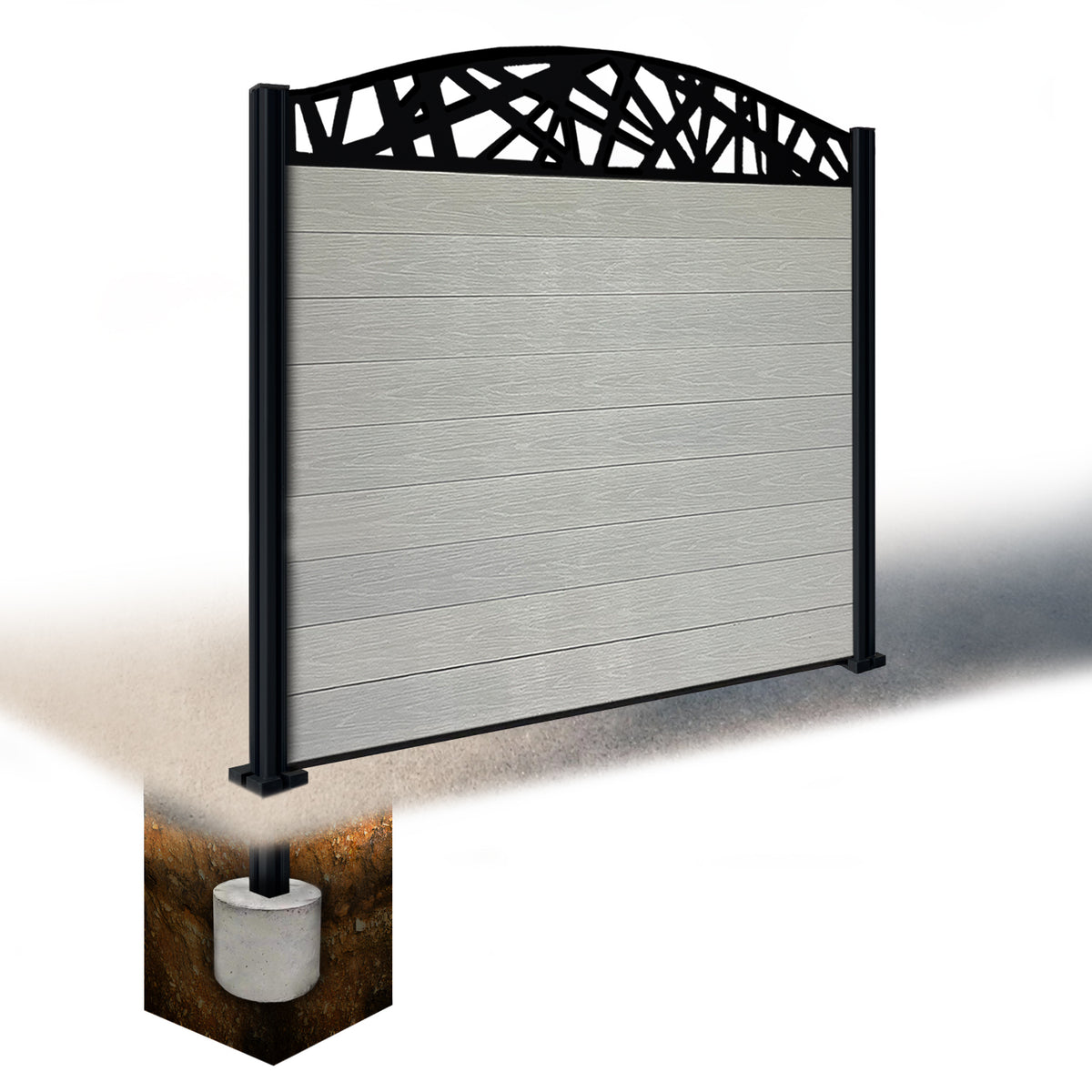 EasyComposite 5ft Composite Fence Panel & Aluminium Post Sunken in Ground - Light Grey Boards & Laser Curved Topper Trellis