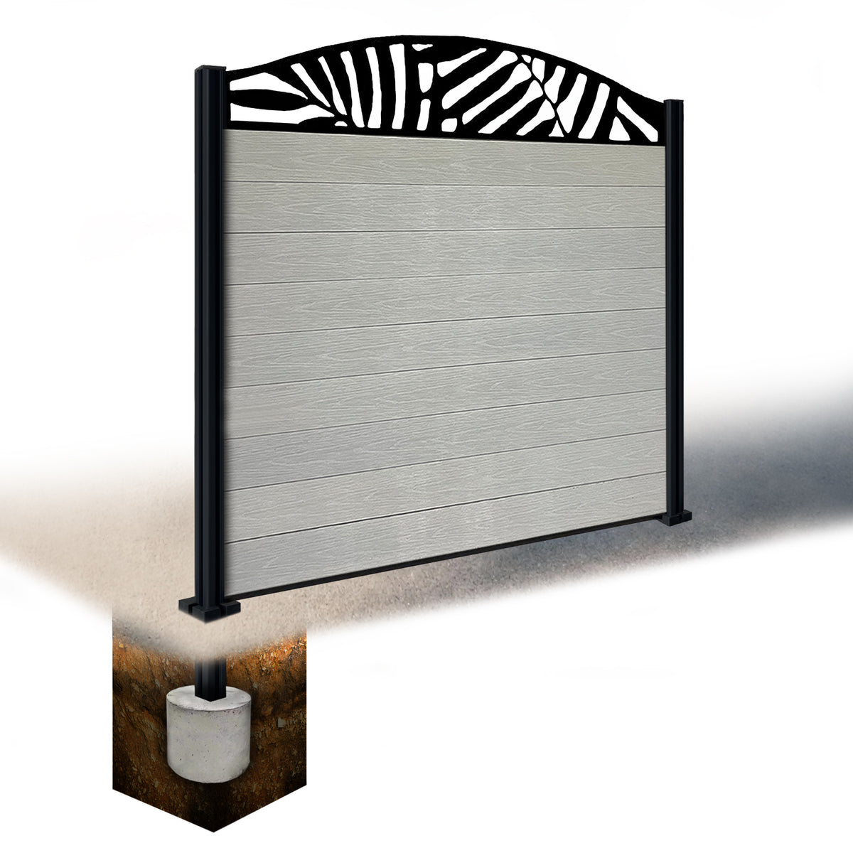 EasyComposite 5ft Composite Fence Panel & Aluminium Post Sunken in Ground - Light Grey Boards & Leafy Curved Topper Trellis