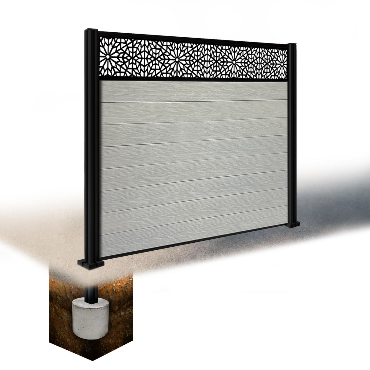 EasyComposite 6ft Composite Fence Panel & Aluminium Post Sunken in Ground - Light Grey Boards & Morocco Topper Trellis