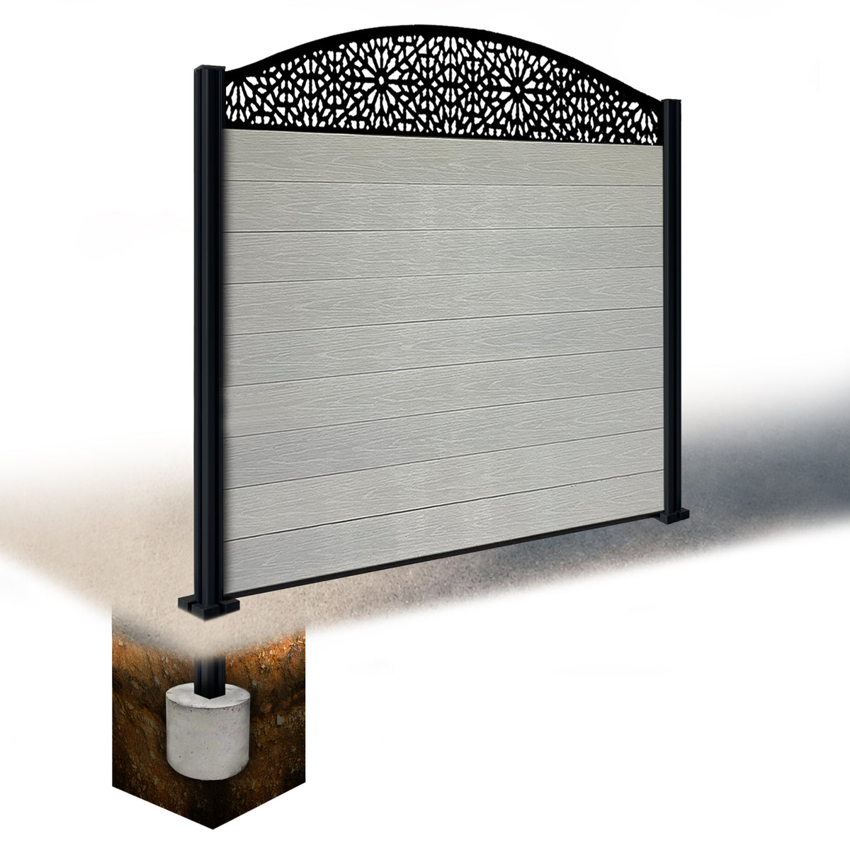 EasyComposite 5ft Composite Fence Panel & Aluminium Post Sunken in Ground - Light Grey Boards & Morocco Curved Topper Trellis