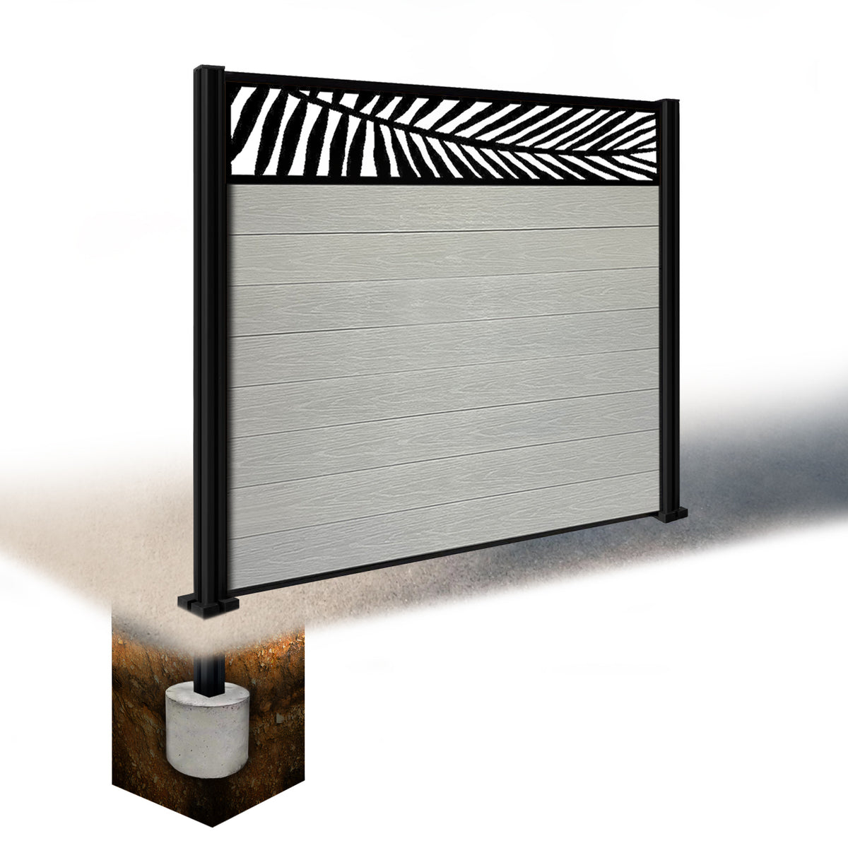 EasyComposite 5ft Composite Fence Panel & Aluminium Post Sunken in Ground - Light Grey Boards & Palm Topper Trellis