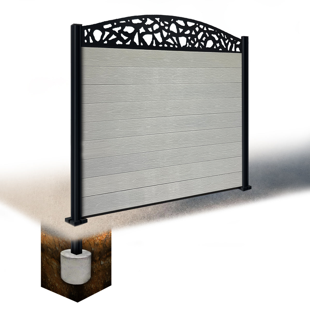 EasyComposite 5ft Composite Fence Panel & Aluminium Post Sunken in Ground - Light Grey Boards & Pebble Curved Topper Trellis
