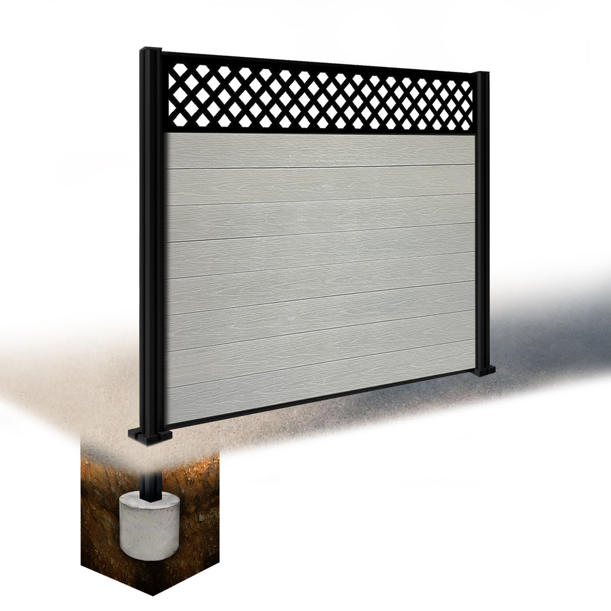 EasyComposite 5ft Composite Fence Panel & Aluminium Post Sunken in Ground - Light Grey Boards & Wave Topper Trellis