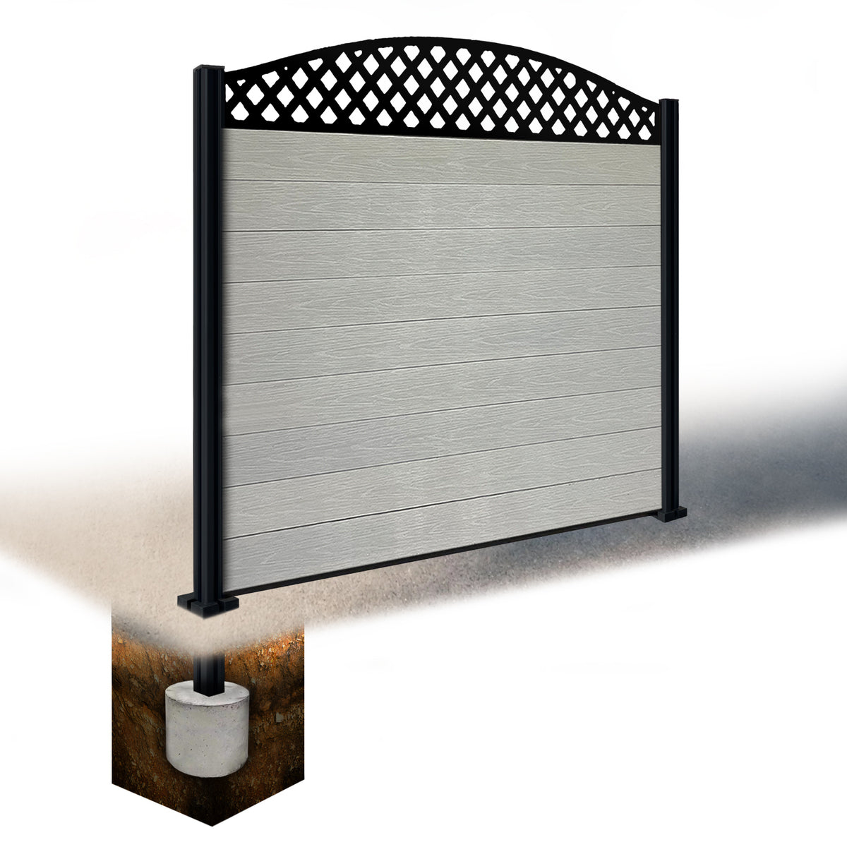 EasyComposite 5ft Composite Fence Panel & Aluminium Post Sunken in Ground - Light Grey Boards & Wave curved Topper Trellis