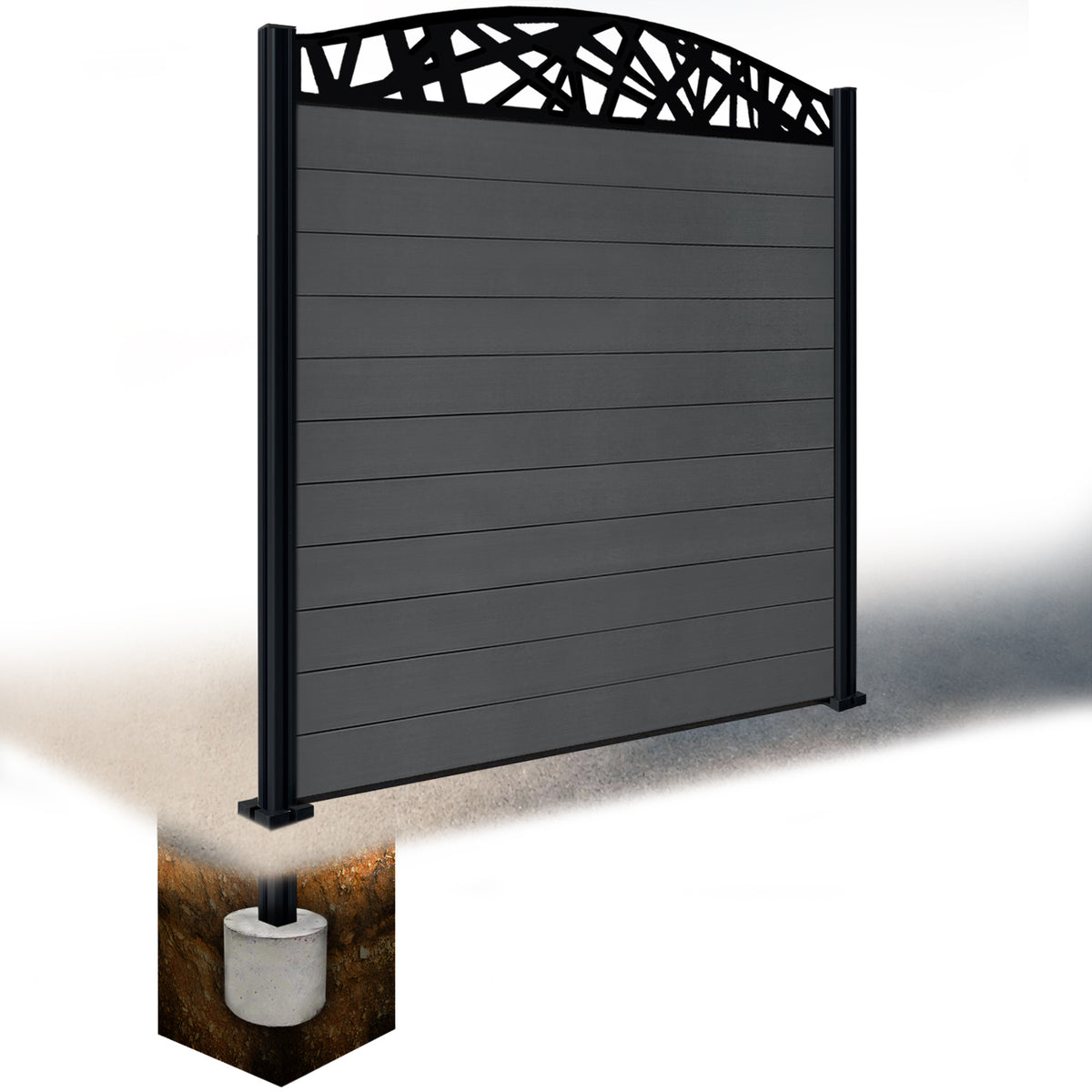 EasyComposite 6ft Composite Fence Panel & Aluminium Post Sunken in Ground - Dark Grey RAL7016 Boards & Laser Curved Topper Trellis