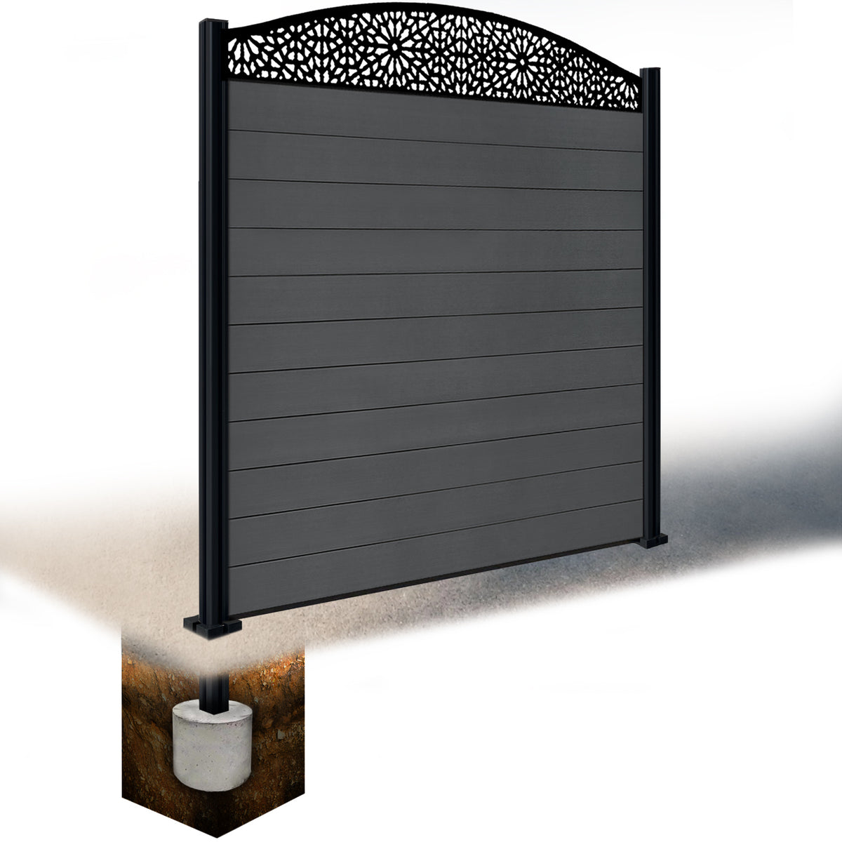 EasyComposite 6ft Composite Fence Panel & Aluminium Post Sunken in Ground - Dark Grey Boards & Morocco Curved Topper Trellis