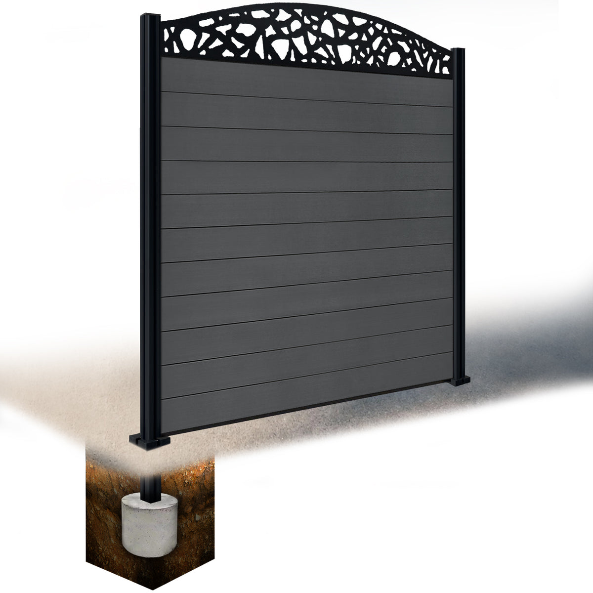EasyComposite 6ft Composite Fence Panel & Aluminium Post Sunken in Ground - Dark Grey Boards & Pebble Curved Topper Trellis