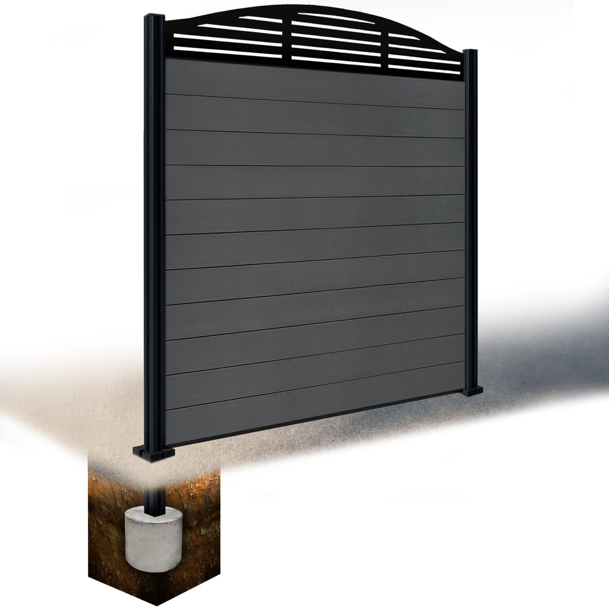 EasyComposite 6ft Composite Fence Panel & Aluminium Post Sunken in Ground - Dark Grey RAL7016 Boards & Slat Curved Topper Trellis
