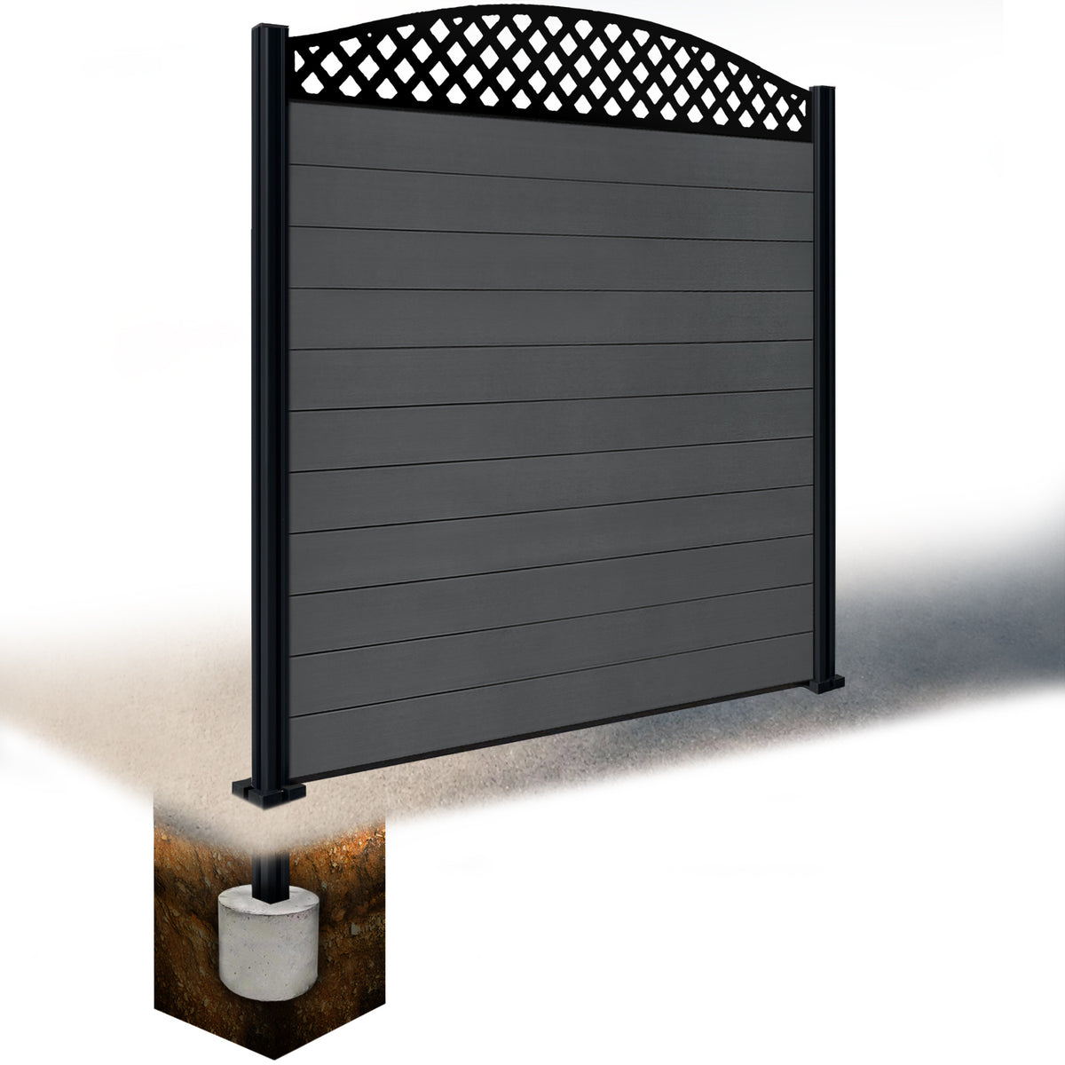 EasyComposite 6ft Composite Fence Panel & Aluminium Post Sunken in Ground - Dark Grey RAL7016 Boards & Wave curved Topper Trellis