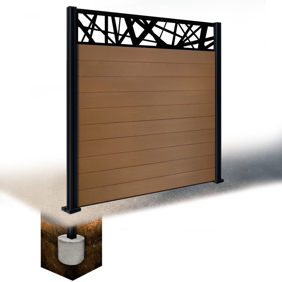 EasyComposite 6ft Composite Fence Panel & Aluminium Post Sunken in Ground - Golden Teak Boards & Laser Topper Trellis