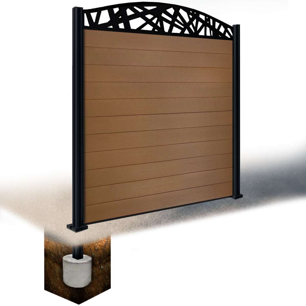 EasyComposite 6ft Composite Fence Panel & Aluminium Post Sunken in Ground - Golden Teak Boards & Laser Curved Topper Trellis