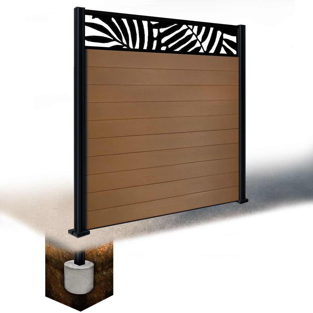EasyComposite 6ft Composite Fence Panel & Aluminium Post Sunken in Ground - Golden Teak Boards & Leafy Topper Trellis