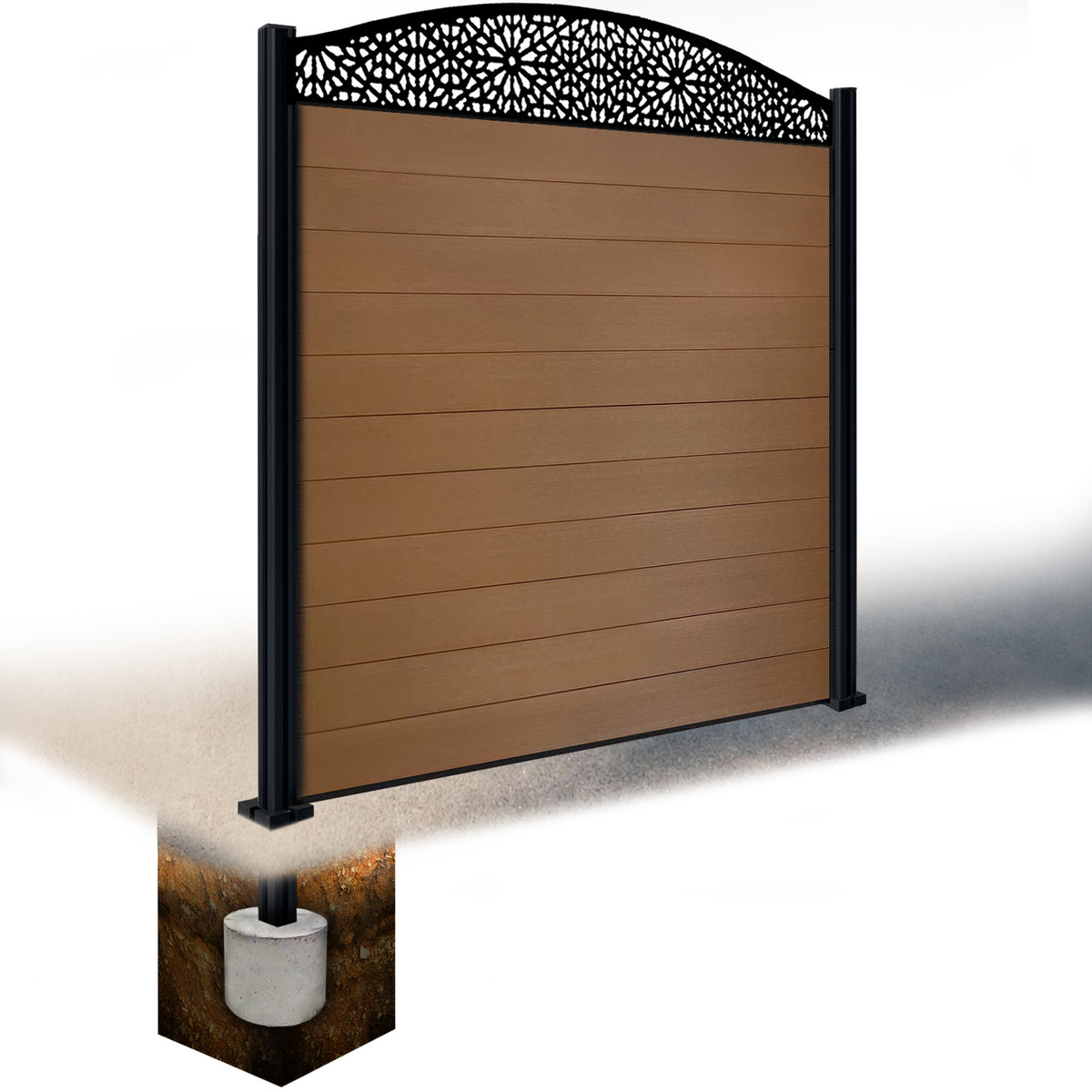 EasyComposite 6ft Composite Fence Panel & Aluminium Post Sunken in Ground - Golden Teak Boards & Morocco Curved Topper Trellis