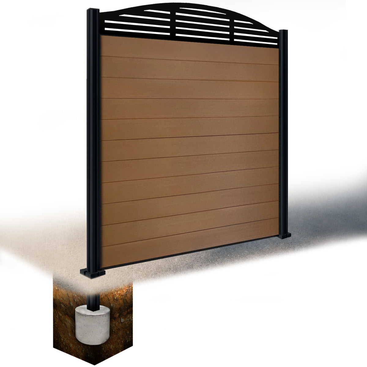 EasyComposite 6ft Composite Fence Panel & Aluminium Post Sunken in Ground - Golden Teak Boards & Slat Curved Topper Trellis