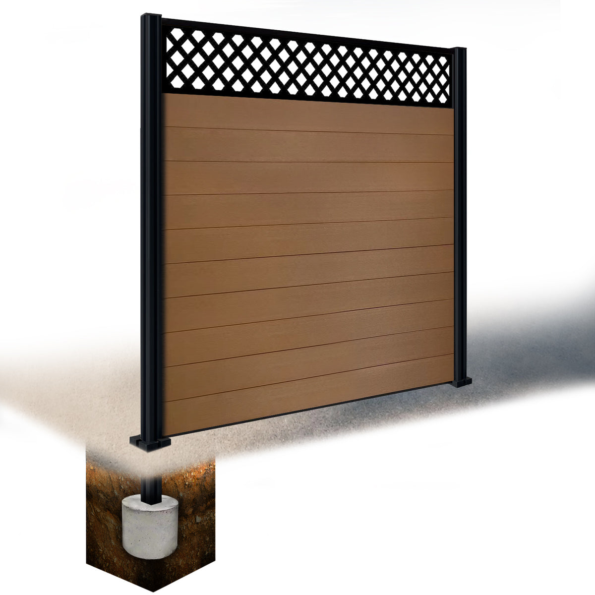 EasyComposite 6ft Composite Fence Panel & Aluminium Post Sunken in Ground - Golden Teak Boards & Wave Topper Trellis