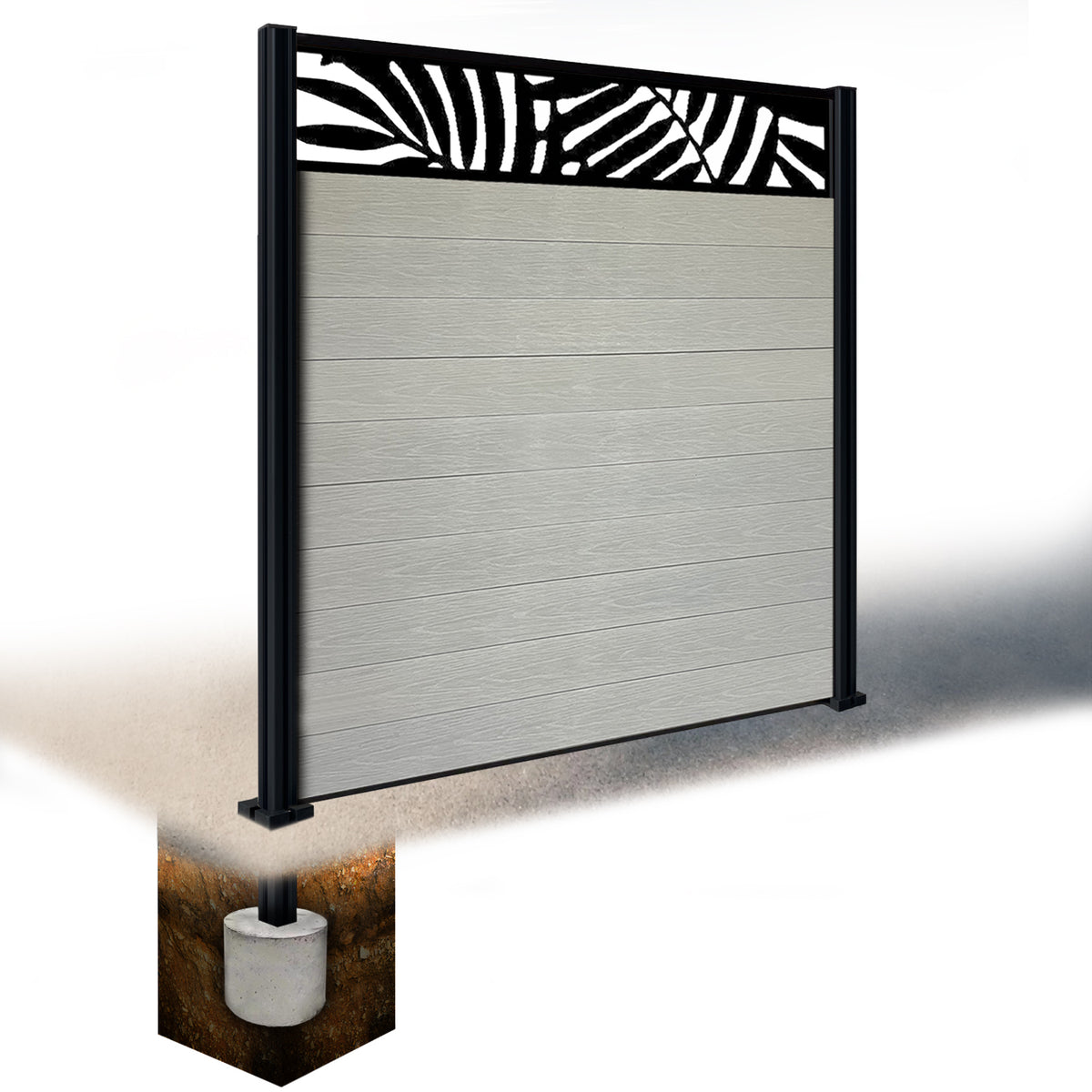 EasyComposite 3ft Composite Fence Panel Into Existing Concrete Posts - Dark Grey RAL7016 Boards & Leafy Topper Trellis