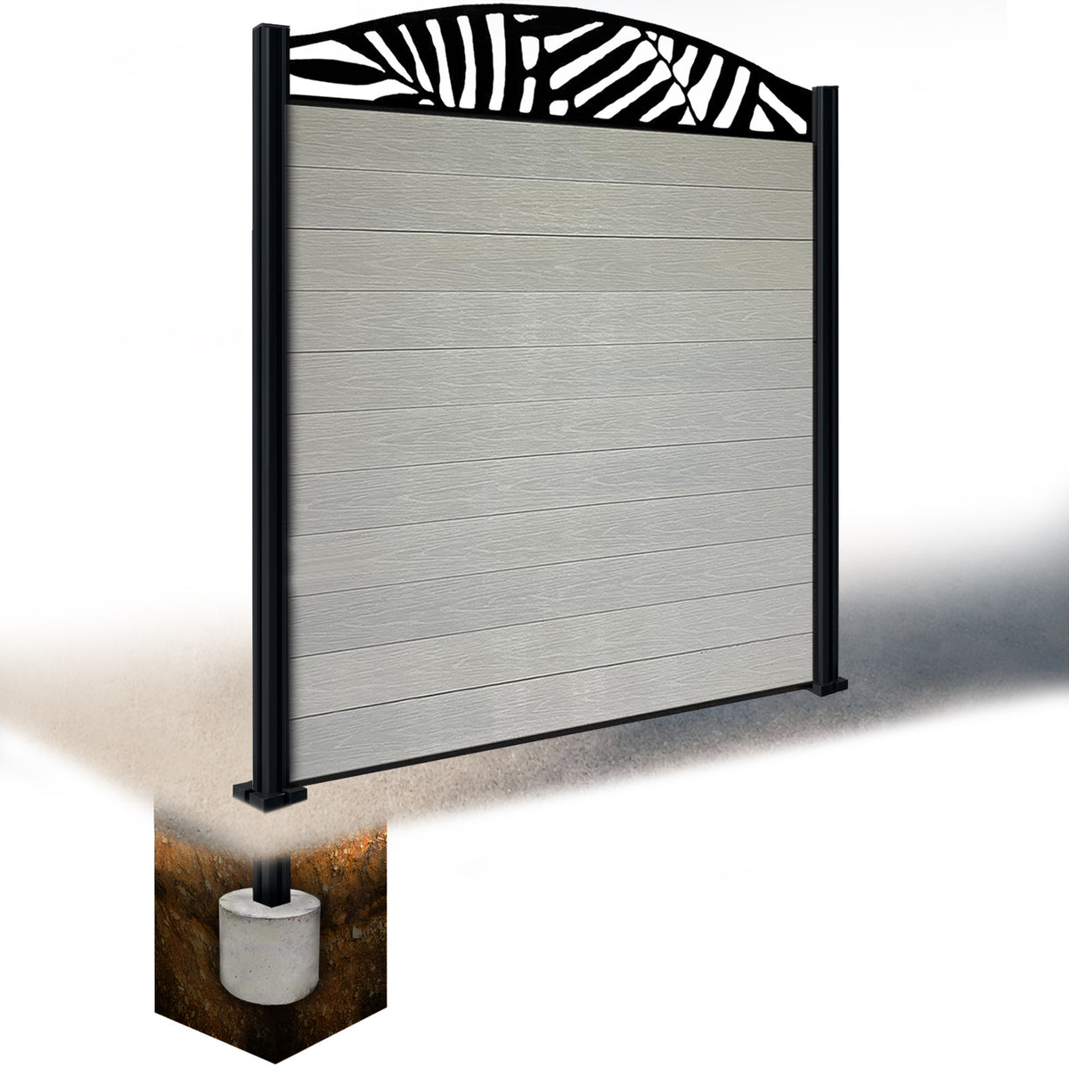 EasyComposite 6ft Composite Fence Panel & Aluminium Post Sunken in Ground - Light Grey Boards & Leafy Curved Topper Trellis