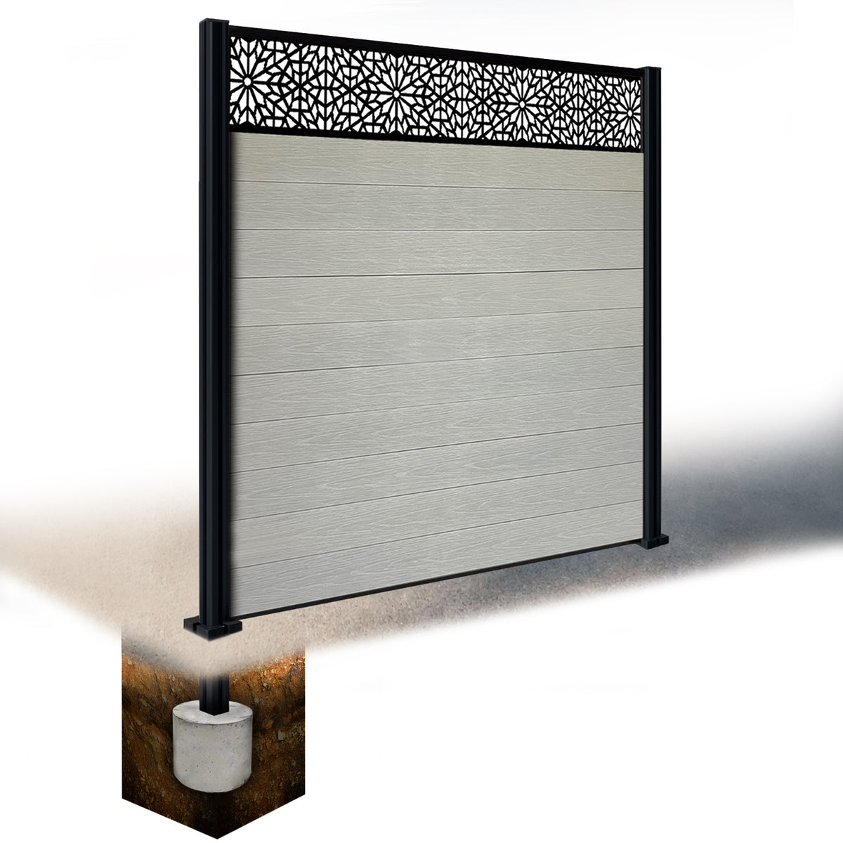 EasyComposite 2ft Composite Fence Panel Into Existing Concrete Posts - Dark Grey RAL7016 Boards & Morocco Topper Trellis