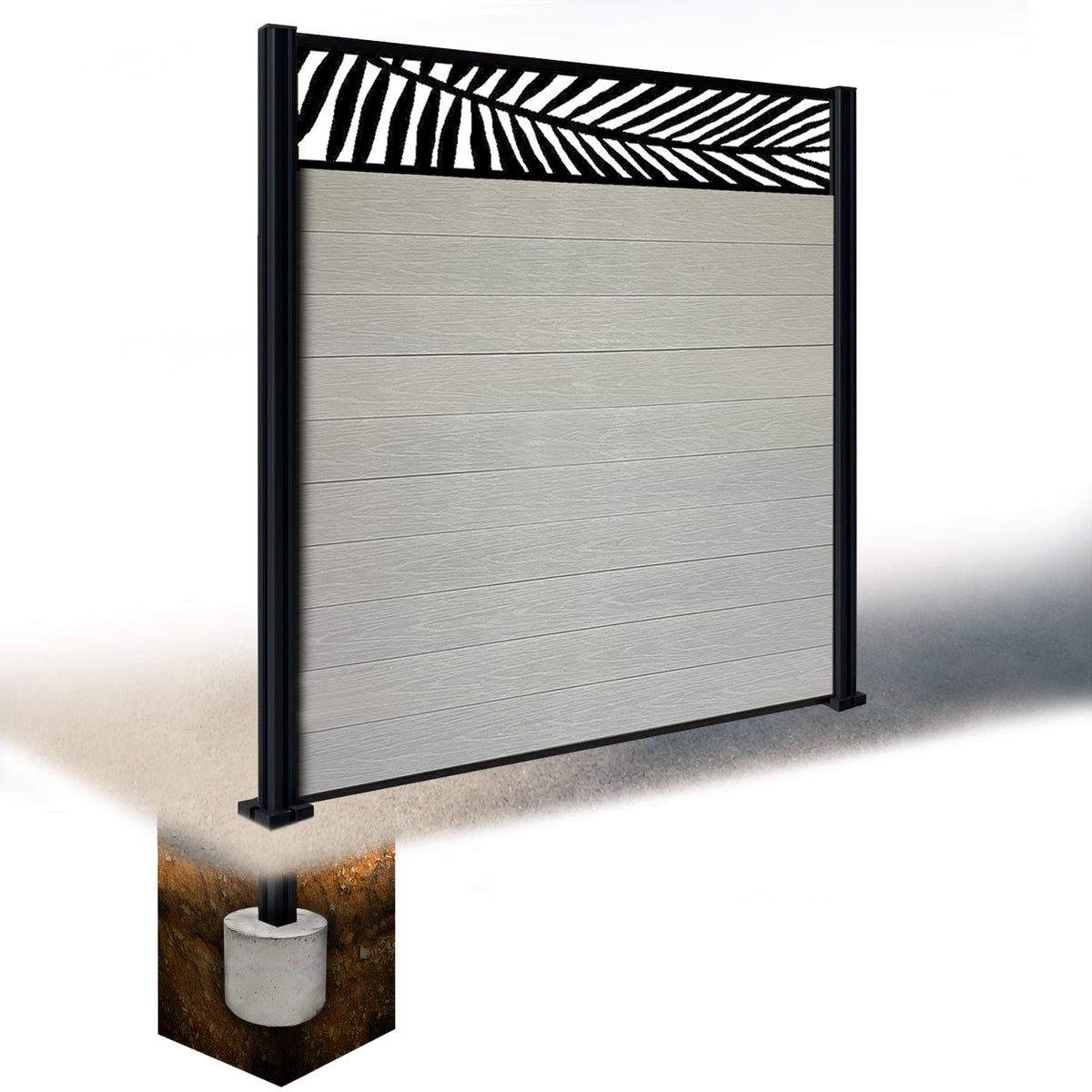 EasyComposite 6ft Composite Fence Panel & Aluminium Post Sunken in Ground - Light Grey Boards & Palm Topper Trellis