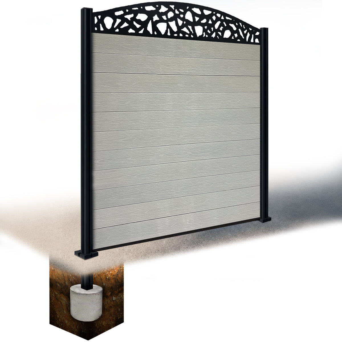 EasyComposite 6ft Composite Fence Panel & Aluminium Post Sunken in Ground - Light Grey Boards & Pebble Curved Topper Trellis