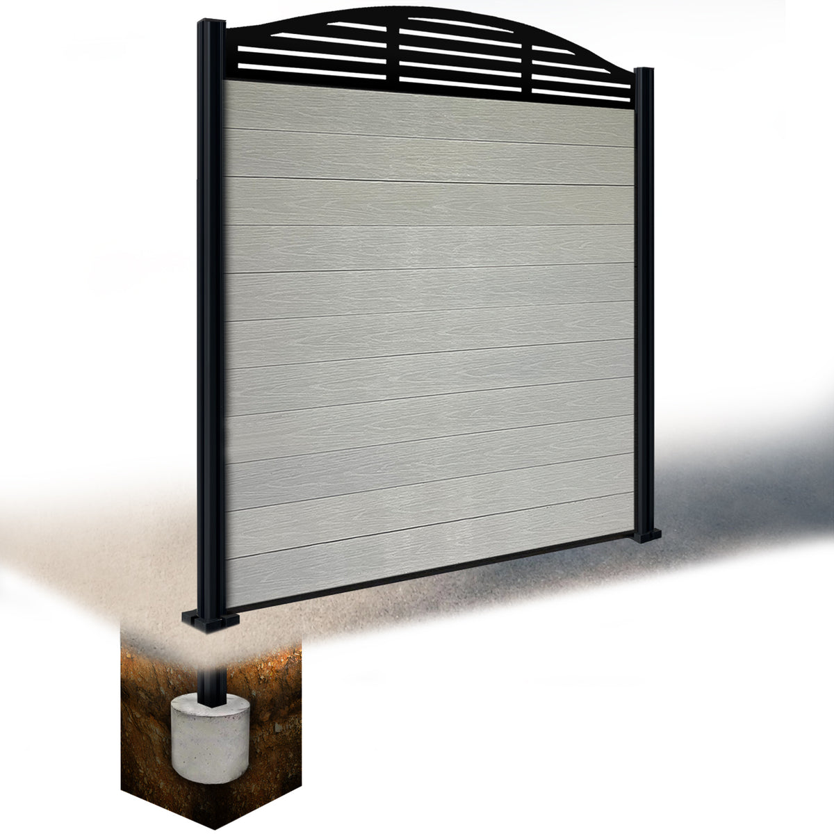 EasyComposite 6ft Composite Fence Panel & Aluminium Post Sunken in Ground - Light Grey Boards & Slat Curved Topper Trellis