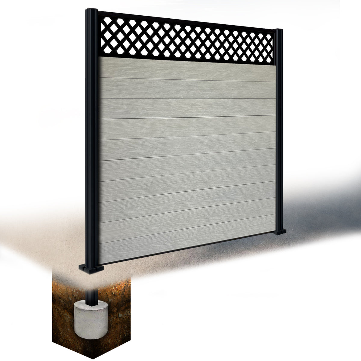 EasyComposite 6ft Composite Fence Panel & Aluminium Post Sunken in Ground - Light Grey Boards & Wave Topper Trellis